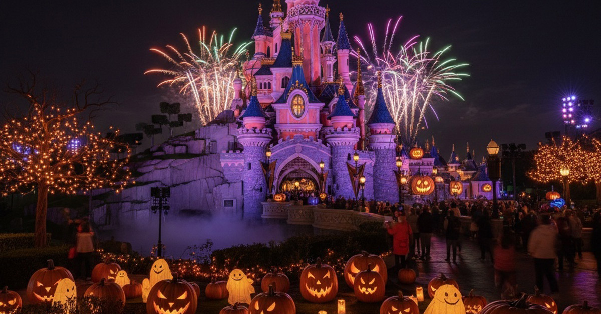 Mickey und Minnie in Halloween-Kostümen vor dem Disneyland-Schloss – 1,5‑tägige Halloween‑Busreise nach Disneyland Paris ab 111,11 €