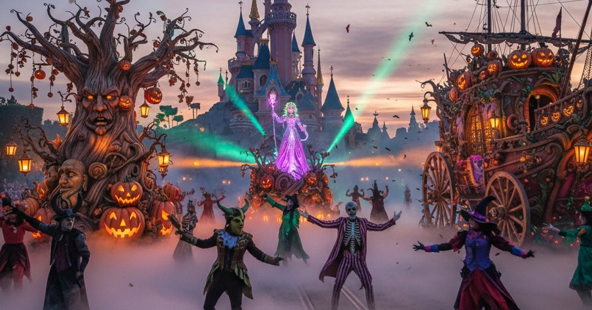 Menschenmenge vor dem beleuchteten Disneyland-Schloss bei Halloween-Parade – 4‑tägige Halloween‑Reise nach Disneyland Paris mit 1–2 Parktagen ab 299,99 €