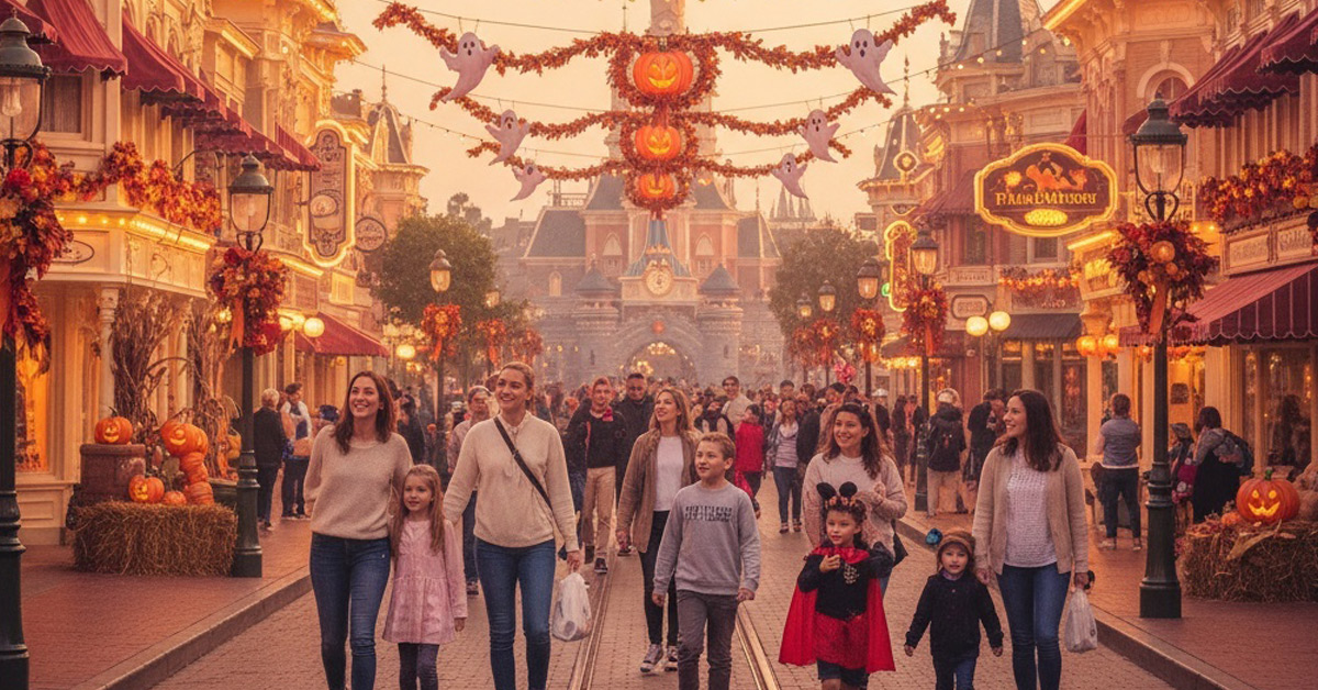 Abendstimmung am Disneyland-Schloss mit Halloween-Deko – 2,5‑tägige Busreise nach Disneyland Paris mit Übernachtung ab 159,99 €